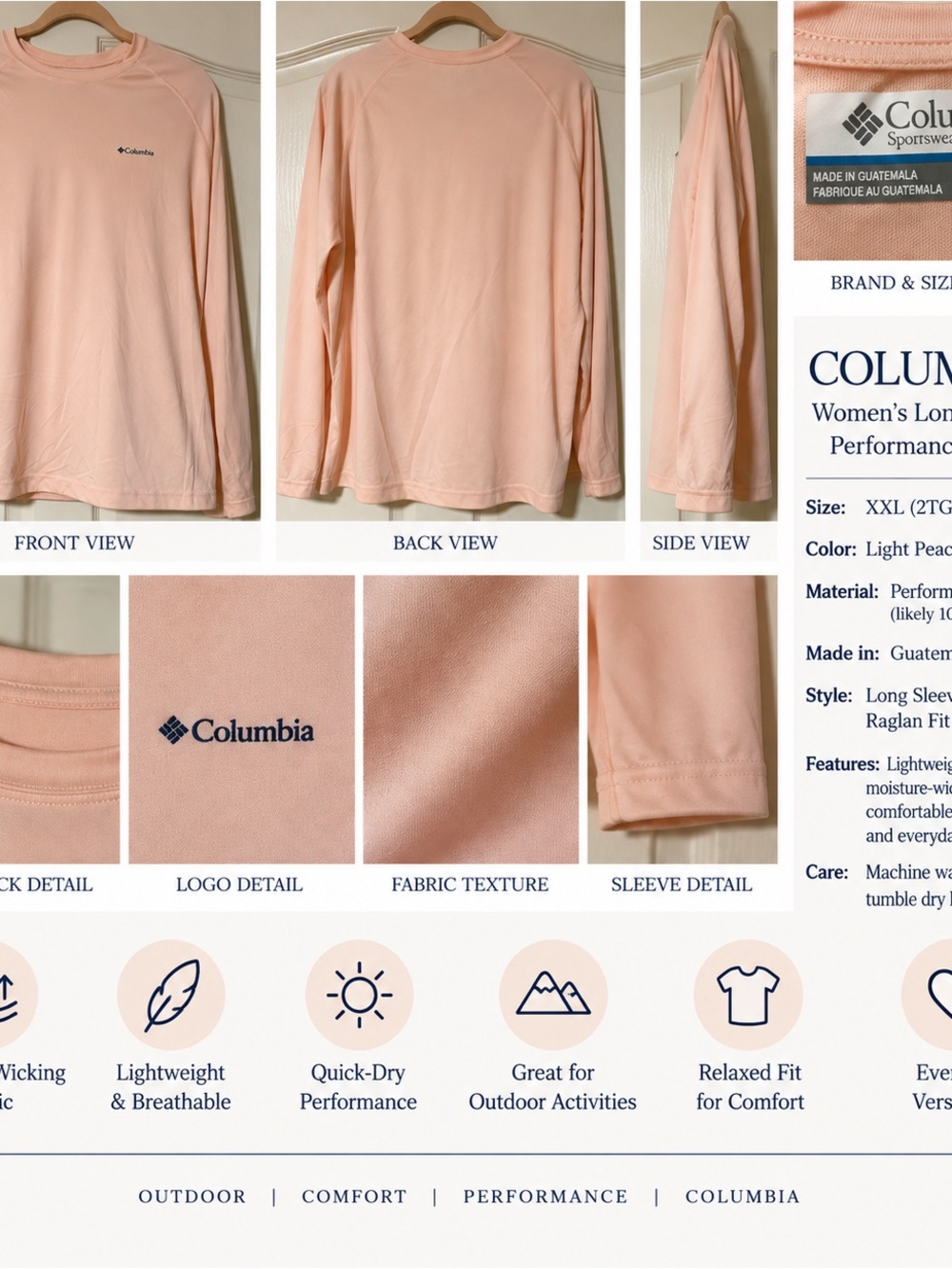 Columbia Women's Long Sleeve Performance Crew - Light Peach